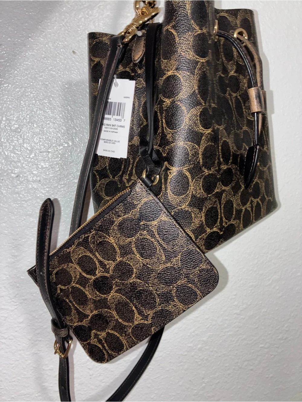 Coach Brown Signature Drawstring Crossbody Bucket Bag with Gold Hardware